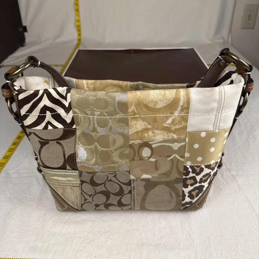 Vintage Coach 11496 Carly Brown Patchwork Jacquard Hobo Shoulder Bag Leopard